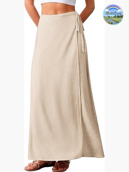 Dresses & Skirts - Linen Wrap Maxi Skirt Elastic Back Waistband Flowy A Line Summer Casual Long